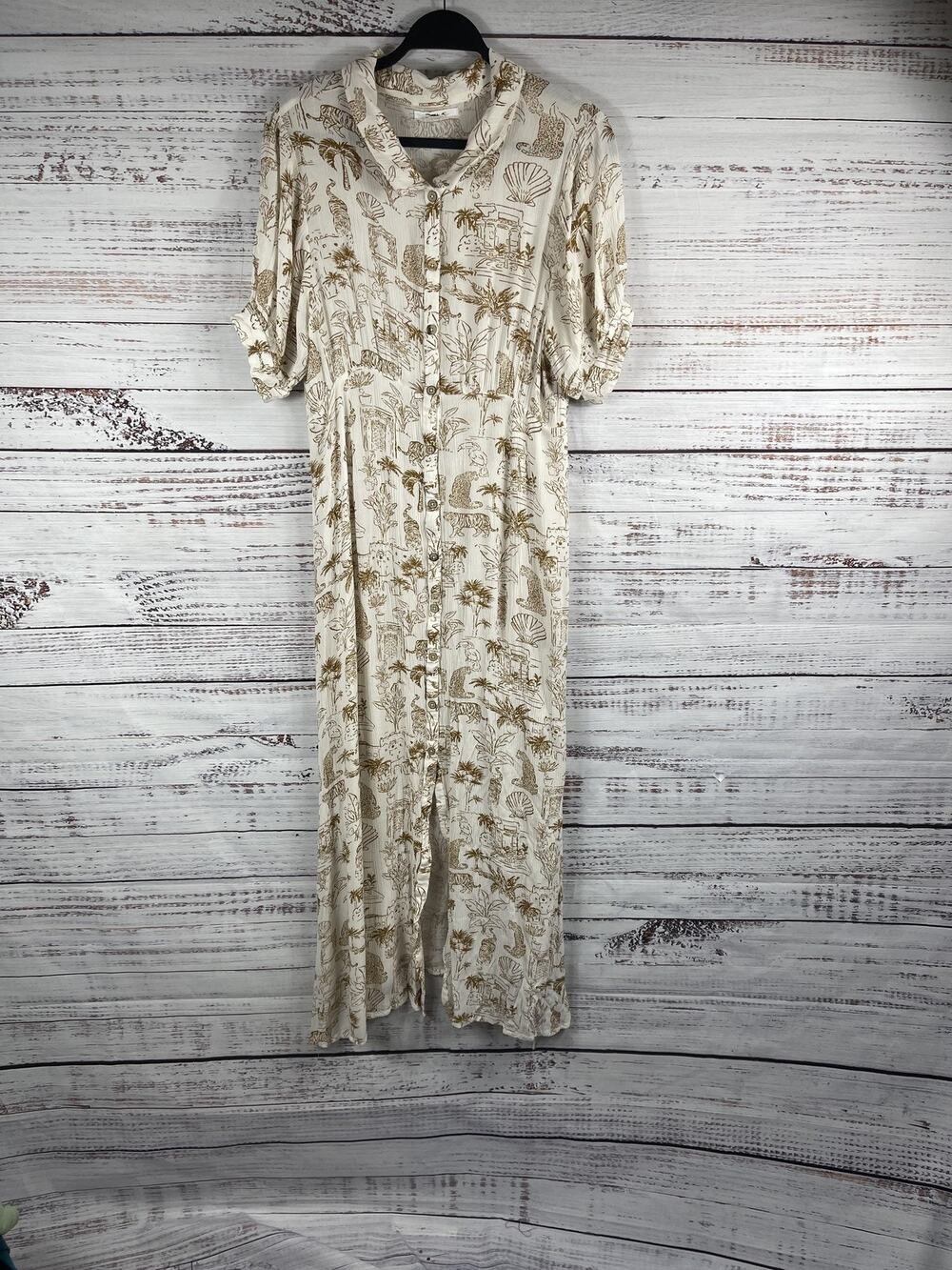 O'Neill Dress Women's Large Cream Tan Maxi Shirt Dress Button Front Jungle Print